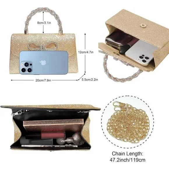 Women Bag Sparkly Bow Clutch Bags Gold - Picture 5 of 6